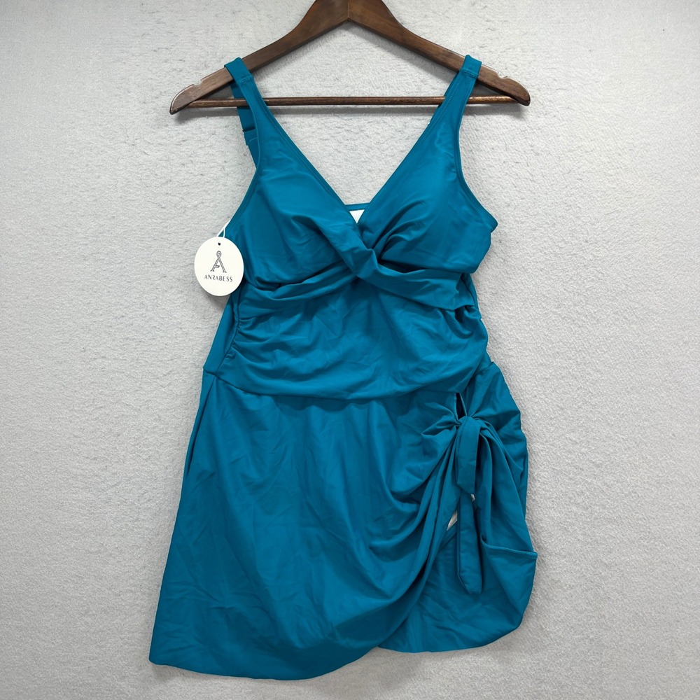 ANRABESS Swim Dress Women L Teal Blue Ruched Tummy Control Modest Beachwear NEW